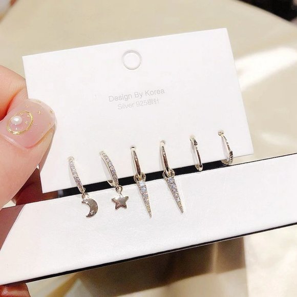 [3 Pairs] 925 Sterling Silver Diamond Earrings G - Picture 4 of 6